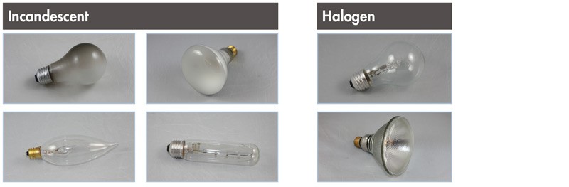 A grid of six different types of incandescent and halogen lights that can go in the black landfill bin