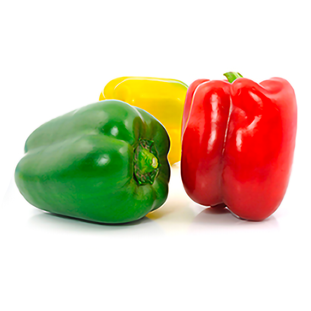 Three bell peppers, one green, one yellow, and one red