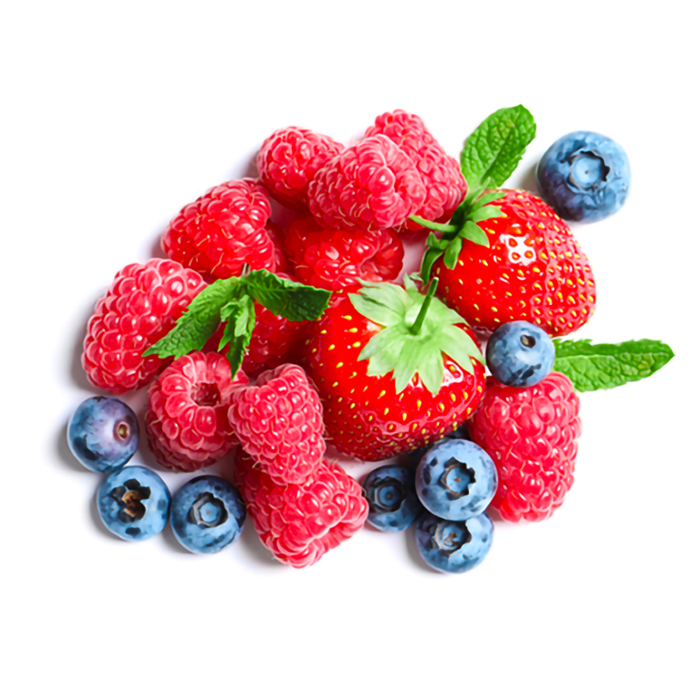 A collection of raspberries, strawberries, and blueberries