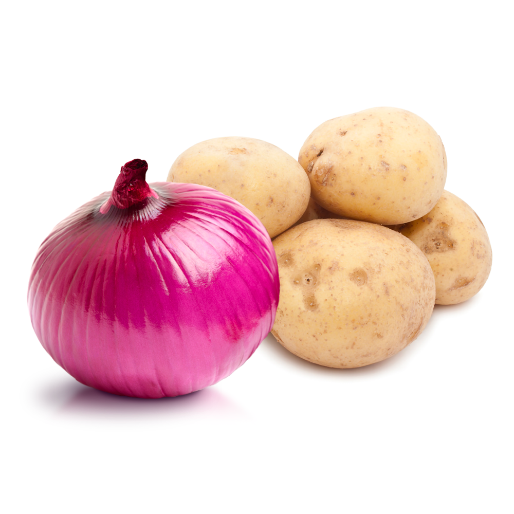 One whole red onion and four whole potatoes, all stacked on one another