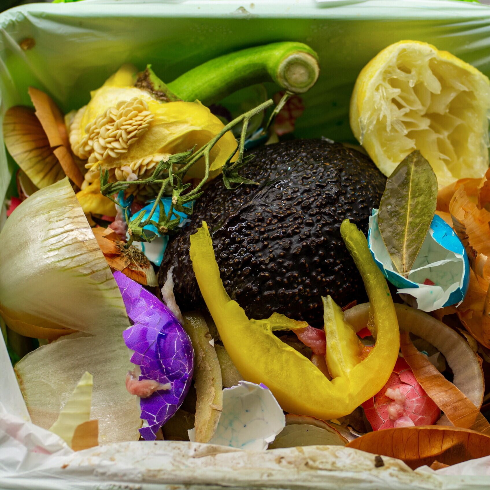 A full compost kitchen pail with various discard vegetables - avocado skin, juiced lemon, onion peel, bell pepper core, etc.