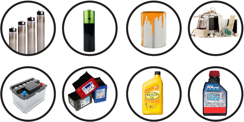 Productos tóxicos mostrados en la imagen de arriba: Bombillas y tubos fluorescentes, Pilas, Baterías de carro, Pintura, Tinta de impresora, Latas de aerosol o rociadoras, Aceites, Refrigerantes, Disolventes