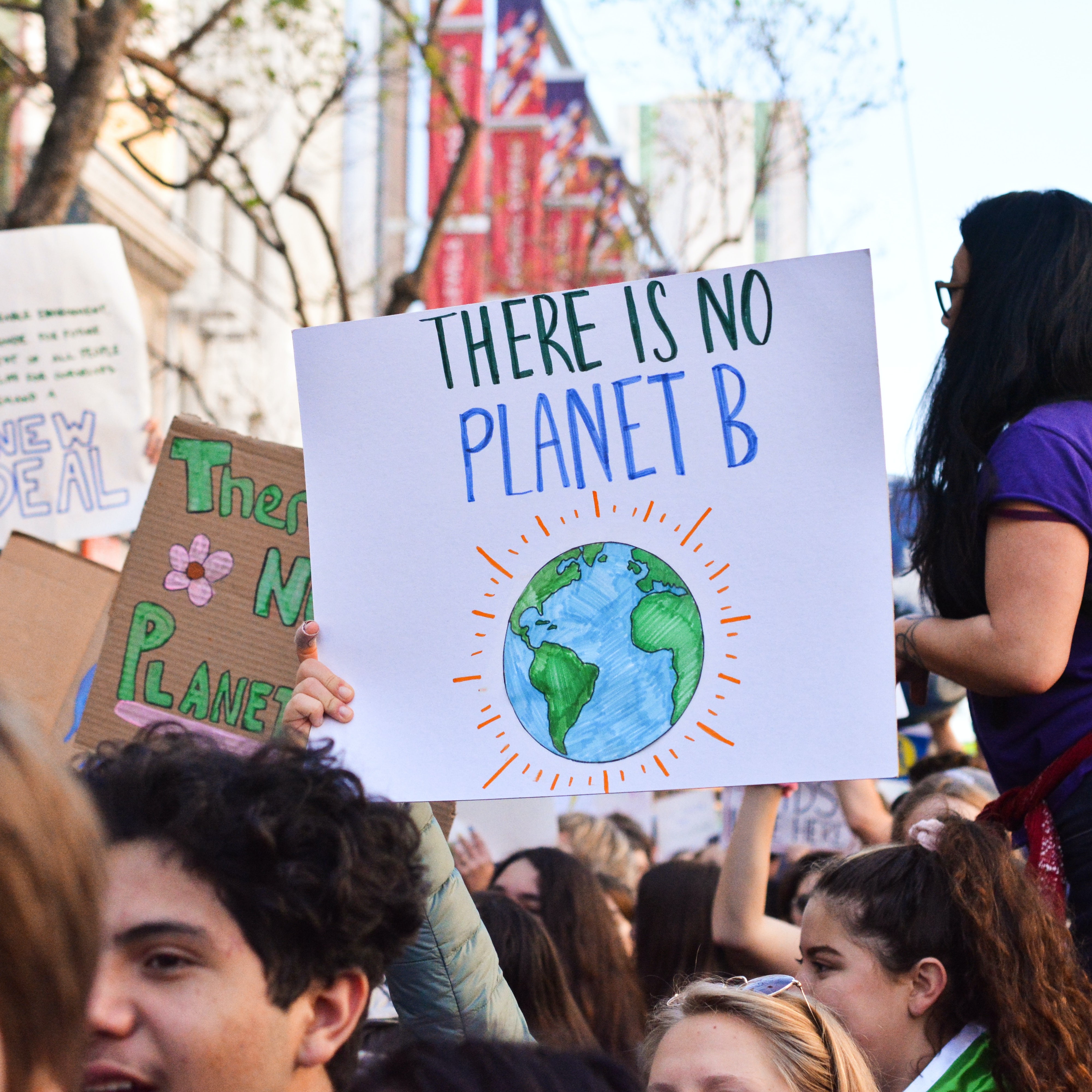 Youth activists holding signs at a rally that say "there is no planet B"