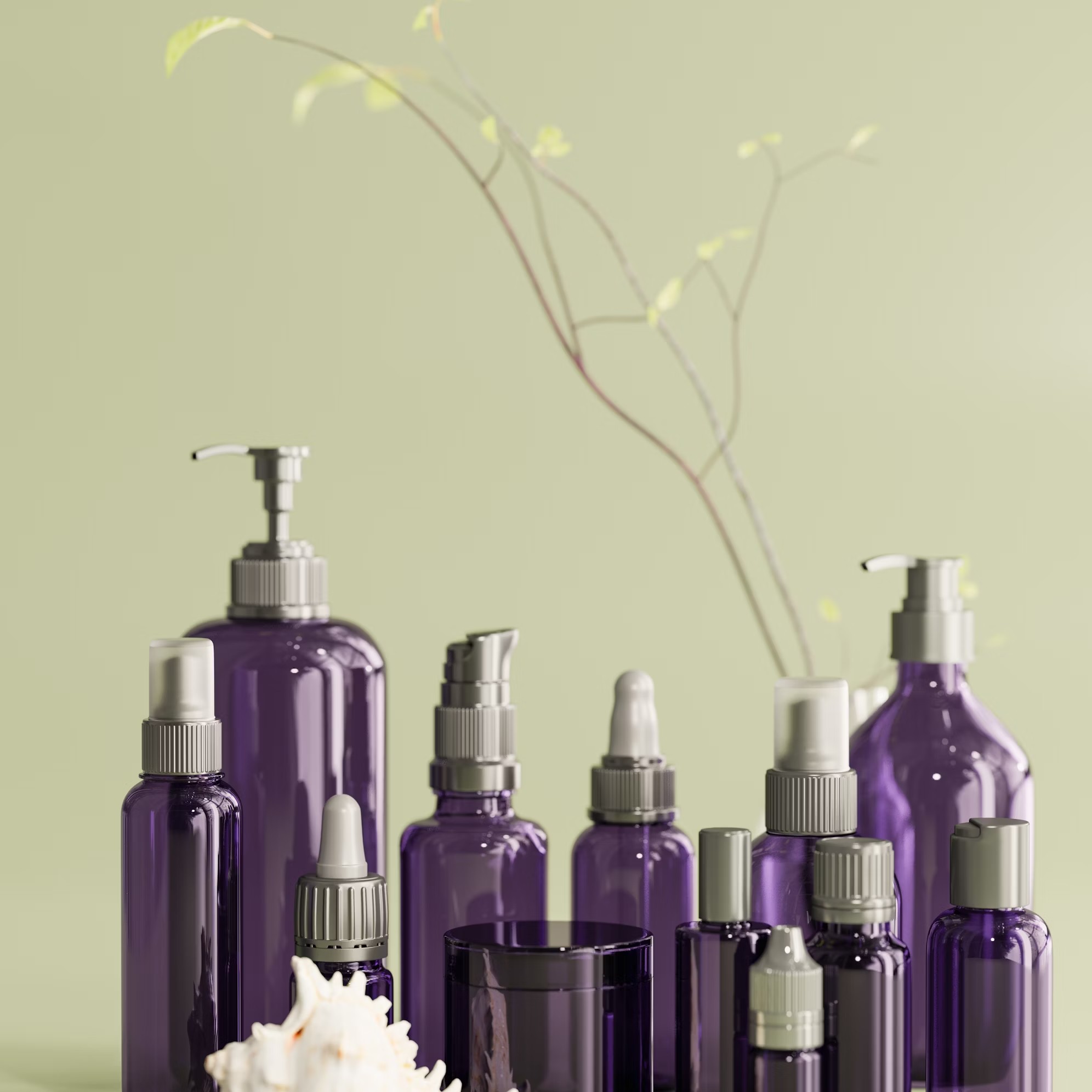 A group of purple bottles sitting on top of a table photo – Free Render Image on Unsplash